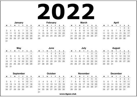Black And White Calendar 2022
